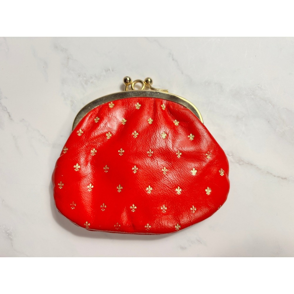 Vintage Red Leather Fleur De Lis Kiss Lock Coin Purse Double Compartment Gold